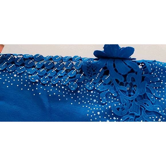 Luna Women's Sz. L Blue Crochet Shoulder & Gem Short Sleeve Shirt Boat Neck Larg - Picture 10 of 10